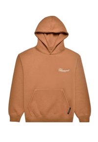 Brun hættet sweatshirt lavet af blødt stof, med en kængurulomme og et logo på brystet. Glat tekstur med en afslappet pasform.