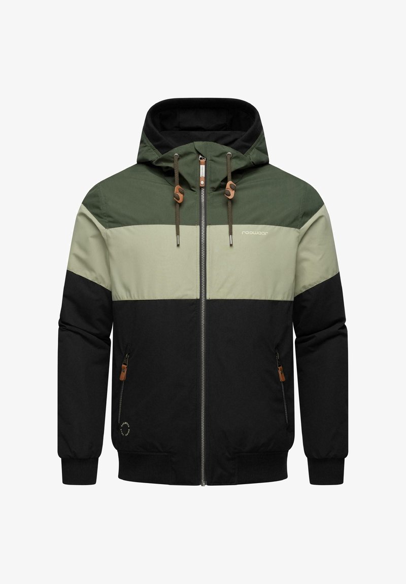 Hooded jacket with a color-blocked design in dark green, light green, and black. Features drawstrings, zipper, and side pockets with accent tabs.