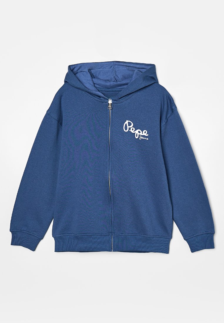 Blaue Reißverschluss-Hoodie aus weichem Stoff, mit einer großen Fronttasche, gerippten Bündchen und einem weißen "Pepe Jeans"-Logo auf der linken Brust.