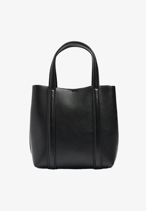 Czarna, skórzana torba typu tote z dwoma uchwytami i pionowym przeszyciem na przodzie, o usztywnionej konstrukcji z lekko zaokrąglonym spodem.