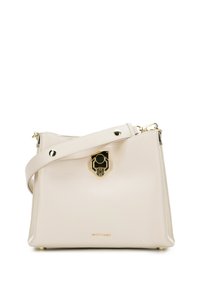 Borsa a tracolla in pelle beige con una forma strutturata, hardware dorato, una chiusura decorativa e una tracolla staccabile. Superficie testurizzata.