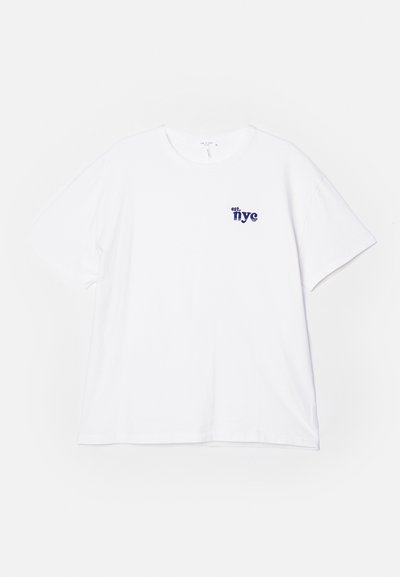 White cotton t-shirt with a relaxed fit, crew neck, and short sleeves. Features a blue printed logo with "est. NYC" on the left side.