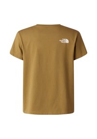 Short-sleeve, mustard-colored cotton T-shirt with a crew neck and small white logo on the upper back.