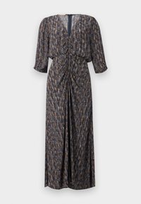 Maxikleid in dunklen Tönen mit abstraktem Muster, aus leichtem Stoff gefertigt. Verfügt über einen V-Ausschnitt, geraffte Details und halblange Ärmel.