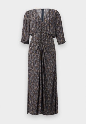 Vestido maxi em tons escuros com padrão abstrato, feito de tecido leve. Possui decote em V, detalhes franzidos e mangas de comprimento médio.