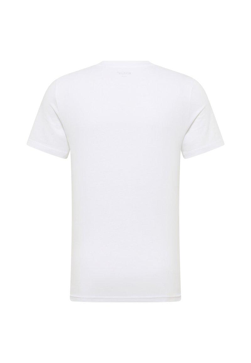 T-shirt blanc à manches courtes en coton, avec un col ras du cou, des coutures régulières et sans motifs ni graphismes visibles.