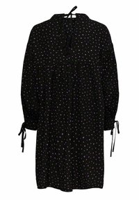 Černé šaty s fialovými srdíčkovými vzory, dlouhými rukávy s detaily zavazování, se skládací pasem a límcem. Volný a ležérní design.