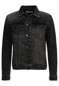 Chaqueta de mezclilla negra con un corte clásico, cierre de botones, dos bolsillos en el pecho y un acabado desgastado con sutiles detalles de costura.