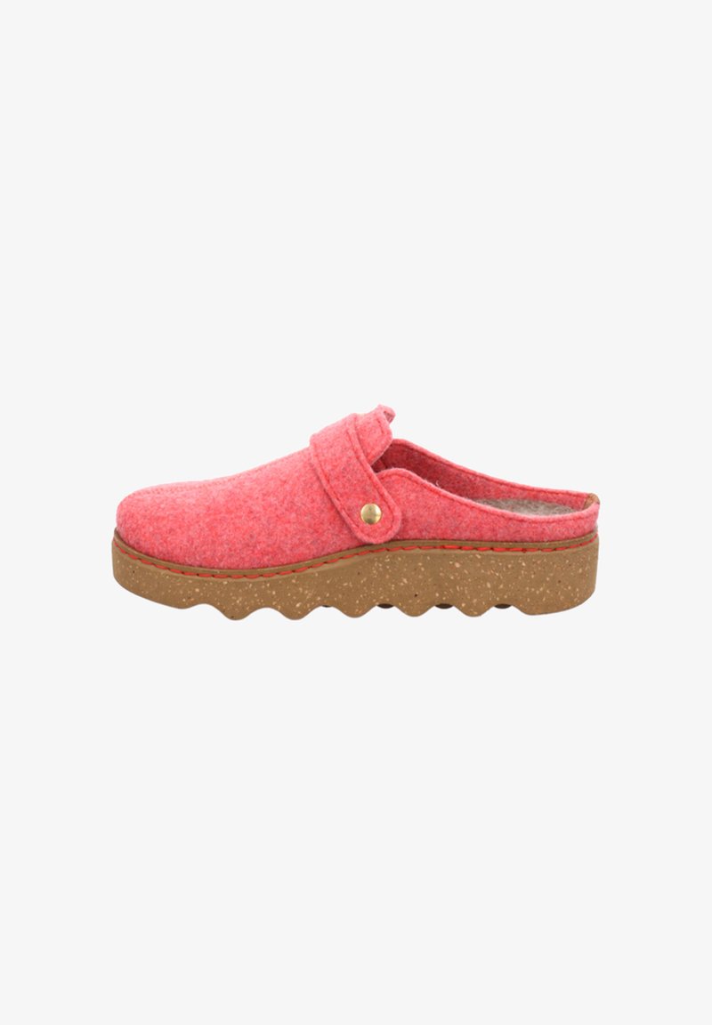 Felt clogs in bright pink with a rounded shape. Cork-like textured sole and red stitching accents. Side strap with a gold button detail.