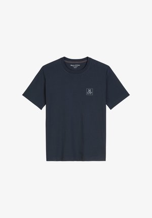 Navy blue cotton t-shirt with short sleeves, crew neck, and a small square logo in the upper left featuring "M OP" in light grey.