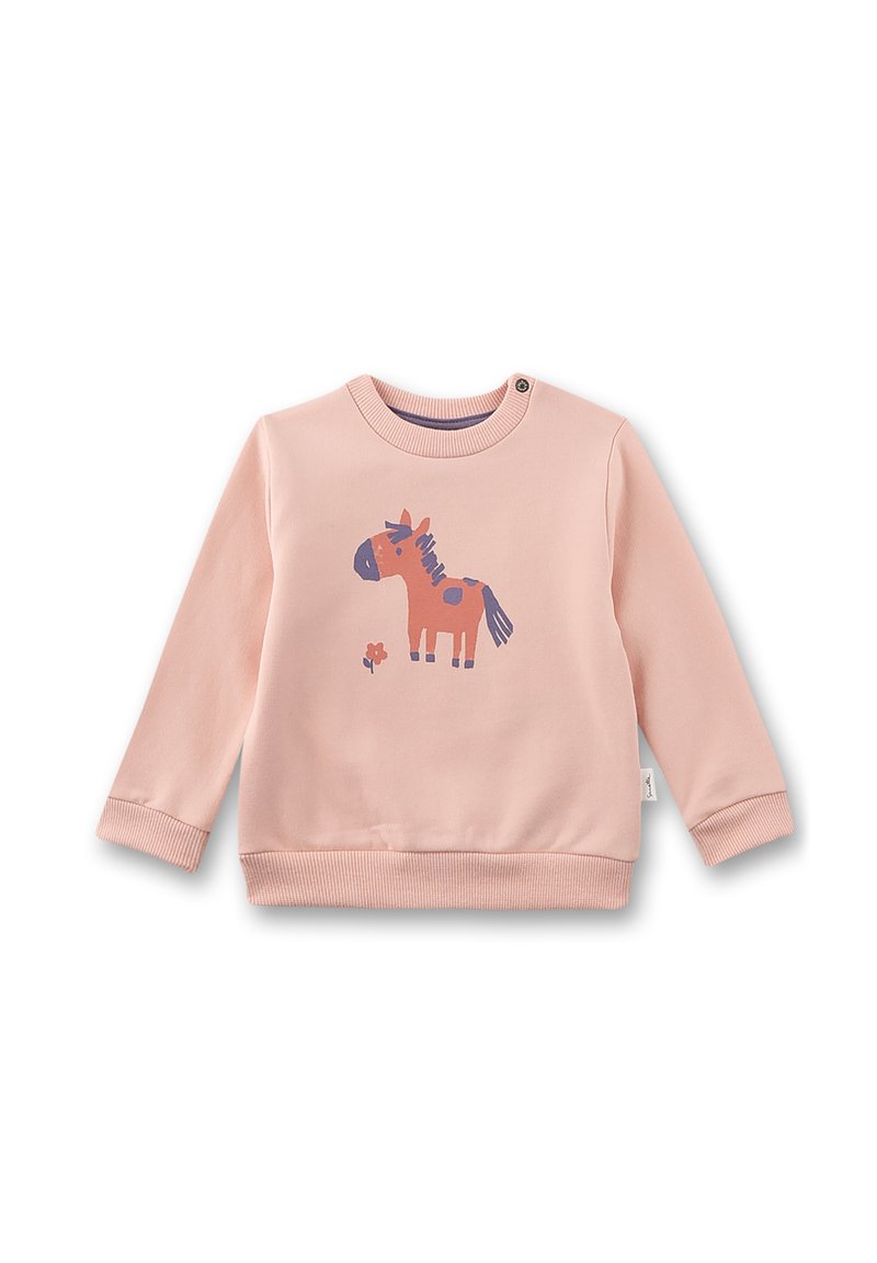 Hellrosa Sweatshirt für Kleinkinder mit langen Ärmeln, gerippten Bündchen und einem Cartoon-Pferd sowie Blumenmotiven auf der Vorderseite.