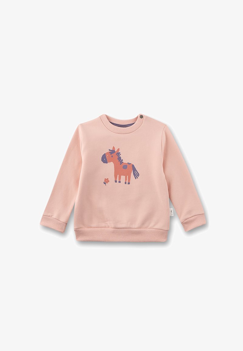 Hellrosa Sweatshirt für Kleinkinder mit langen Ärmeln, gerippten Bündchen und einem Cartoon-Pferd sowie Blumenmotiven auf der Vorderseite.