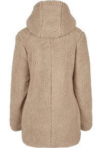 Beige fleecejack met capuchon, lange mouwen en een zachte, gestructureerde teddybeerstof, gezien vanaf de achterkant.