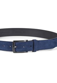 Navy blue suede belt with a smooth black leather backing. Features a rectangular black metal buckle and evenly spaced holes for adjustment.