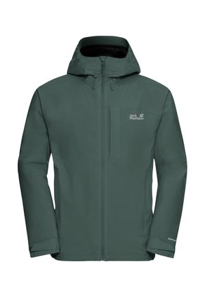 Waterdichte groene jas met kap, voorzien van een rits aan de voorkant en een logo. Gemaakt van glad, ademend materiaal met verstelbare manchetten.