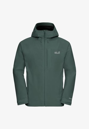 Waterdichte groene jas met kap, voorzien van een rits aan de voorkant en een logo. Gemaakt van glad, ademend materiaal met verstelbare manchetten.