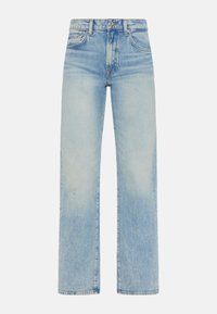 Jeans de mezclilla de tiro alto y pernera ancha en un tono azul claro, con un ligero desgaste y diseño tradicional de cinco bolsillos. Terminados con un cierre de botón y cremallera.