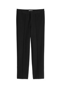 Schwarze, maßgeschneiderte Hose aus glattem Stoff, mit vorderen Falten, geradem Schnitt und elastischem Bund für Komfort und Passform.