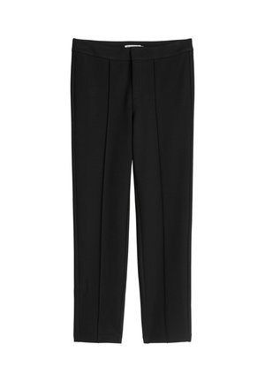 Czarne, dopasowane spodnie wykonane z gładkiej tkaniny, z przodu z zakładkami, o prostym kroju i elastycznym pasie dla komfortu i dopasowania.