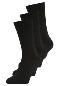 Black socks in a pack of three, made of a smooth, stretchy fabric. They feature a ribbed cuff and a standard length with a plain design.