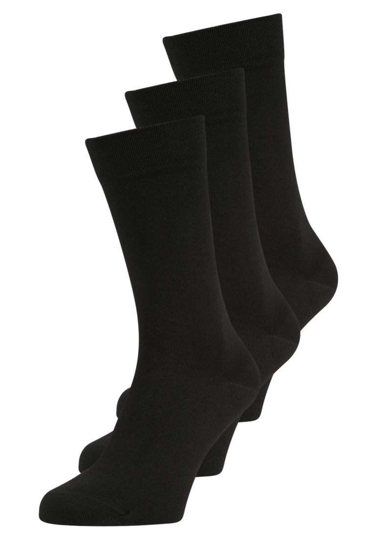 Black socks in a pack of three, made of a smooth, stretchy fabric. They feature a ribbed cuff and a standard length with a plain design.