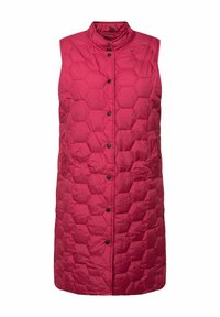 Quilted ärmellose Weste in leuchtendem Rot, mit einem sechseckigen Muster, hohem Kragen, Vorderknöpfen und Seitentaschen. Glattes, leichtes Material.
