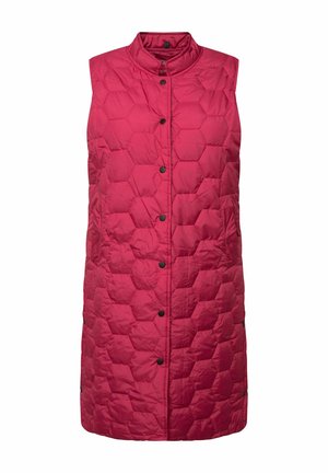 Quilted ærmeløs vest i lys rød, med et hexagonalt mønster, høj krave, frontknapper og sidelommer. Glat, let materiale.