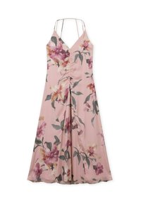 Blumenkleid in Pink mit V-Ausschnitt, schmalen Trägern, gerafftem Vorderteil und fließender Silhouette. Es hat große, mehrfarbige Blumenmuster.