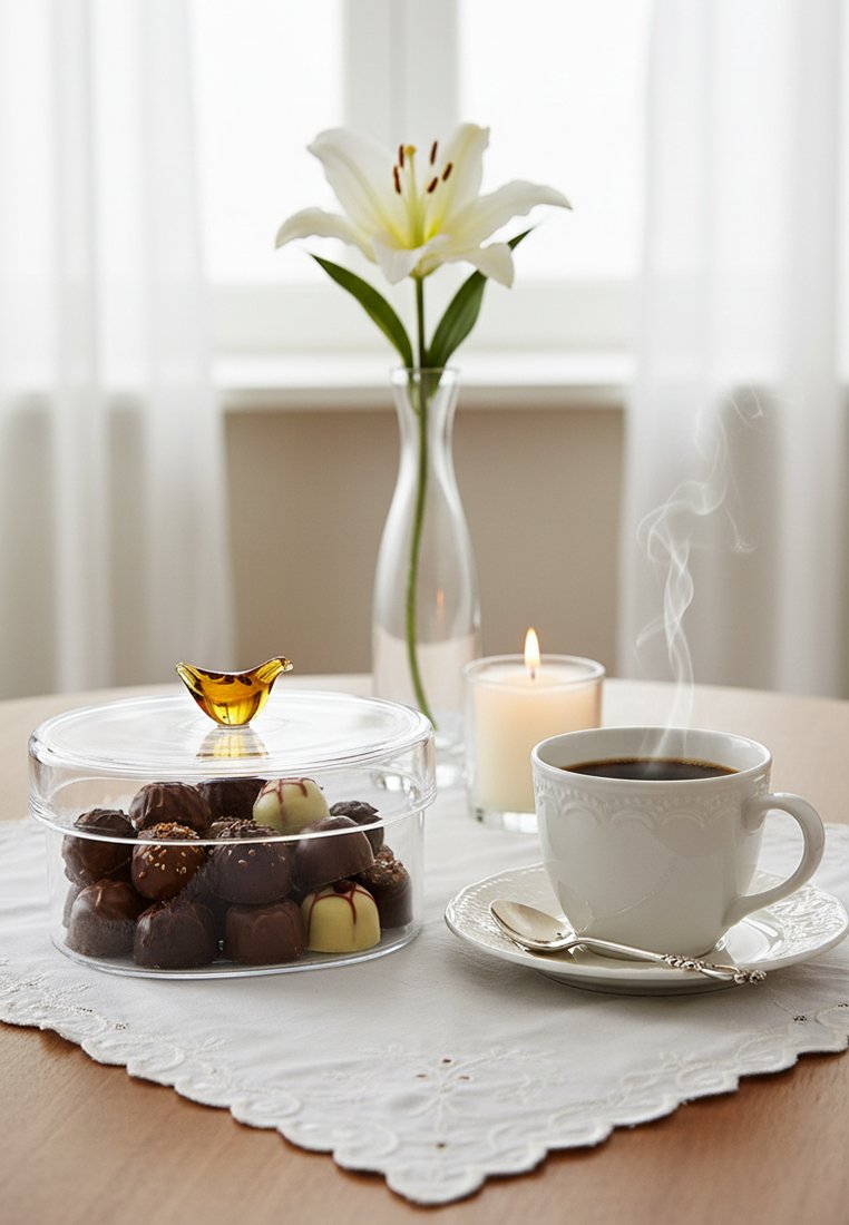 Parująca filiżanka czarnej kawy na spodku z łyżeczką, różnorodne czekoladki w przezroczystym pudełku, zapalona świeca oraz biały lilia w wazonie na stole.
