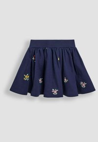 Gonna a campana di colore blu navy con piccoli motivi floreali ricamati in rosa, giallo e rosso e una ampia vita a coste.