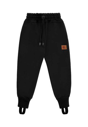 Czarne spodnie z elastyczną talią i regulowanym ściągaczem, ściągacze prążkowane z paskami na stopy oraz małą brązową naszywką z logo na prawej udzie.