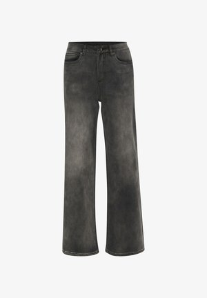 Jeans a gamba larga in denim nero sbiadito, con chiusura a bottone, cinque tasche e leggere variazioni di colore nel tessuto.