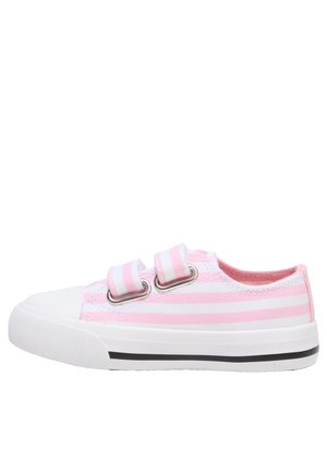 Scarpa da bambino a righe rosa e bianca con due strap in velcro e suola in gomma bianca con striscia nera.