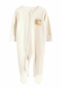 Combinaison en coton ivoire pour bébé avec des manches longues, design pieds, fermeture éclair à l'avant et un graphique coloré avec le texte "Chase the Sun" accompagné d'un cactus.