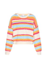 Mehrfarbiger, taillierter Pullover mit horizontalen Streifen in Pink, Orange, Gelb, Blau und Creme, verziert mit Pailletten für zusätzliche Textur.