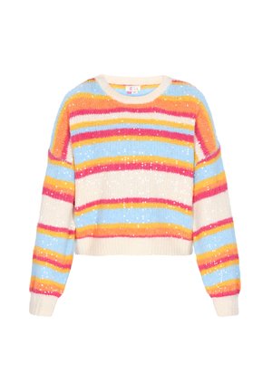 Multikleurige cropped sweater met horizontale strepen in roze, oranje, geel, blauw en crème, met pailletten voor extra textuur.