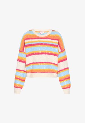 Mehrfarbiger, taillierter Pullover mit horizontalen Streifen in Pink, Orange, Gelb, Blau und Creme, verziert mit Pailletten für zusätzliche Textur.