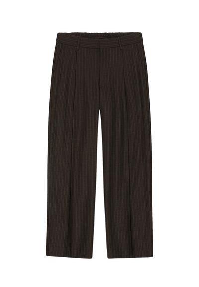 Black wide-leg trousers with subtle white pinstripes, belt loops, and side pockets, displayed against a white background.