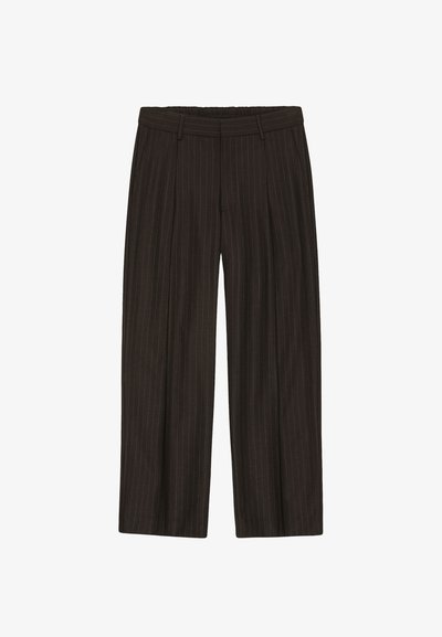 Black wide-leg trousers with subtle white pinstripes, belt loops, and side pockets, displayed against a white background.