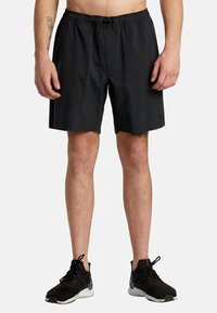 Black shorts made from lightweight fabric with an elastic waistband and adjustable drawstring. They have a simple, functional design.