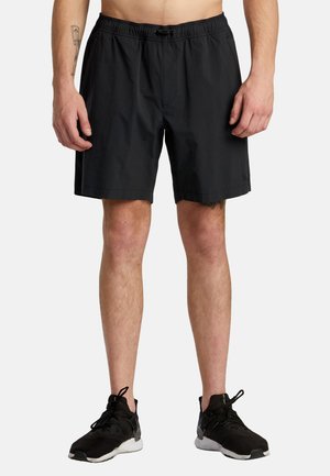 Black shorts made from lightweight fabric with an elastic waistband and adjustable drawstring. They have a simple, functional design.