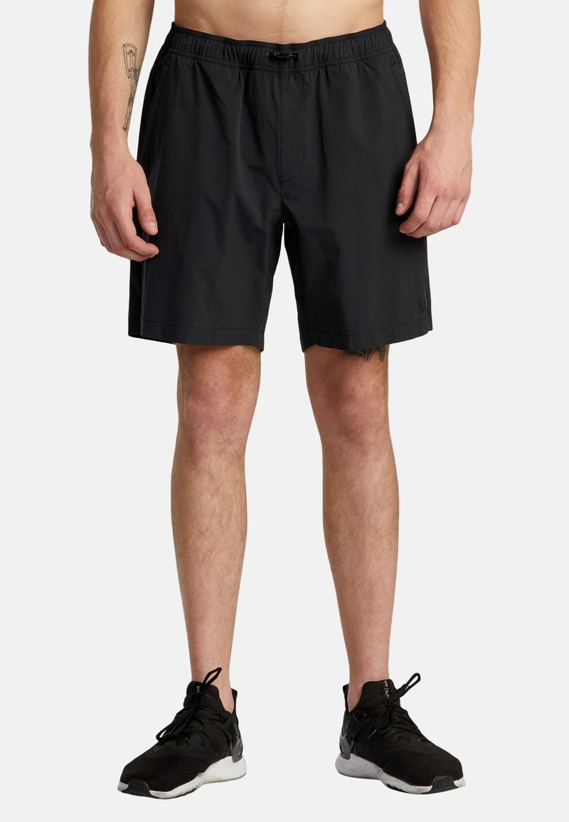 Black shorts made from lightweight fabric with an elastic waistband and adjustable drawstring. They have a simple, functional design.