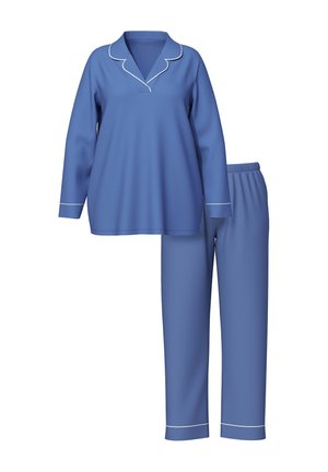 Modrý pyžamový set s dlouhým rukávem a klopovým límcem, doplněný kalhotami s elastickým pasem. Hladká textilie.