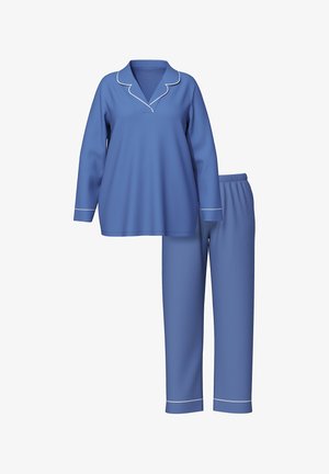 Blå pyjamas sæt med en langærmet top med klapkrave og hvid piping, parret med bukser med elastisk talje. Glat stofstruktur.