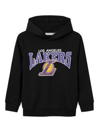 Felpa nera con cappuccio caratterizzata da una grande grafica viola e gialla "Los Angeles Lakers" sul davanti, con tasca a marsupio e polsini a costine.