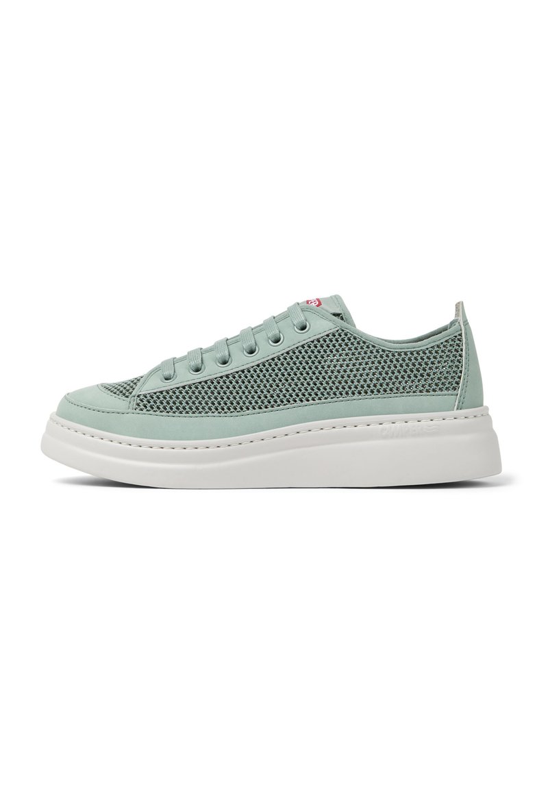 Mint green sneaker with mesh detailing, suede accents, a white platform sole, and six eyelets for laces. Features understated branding.