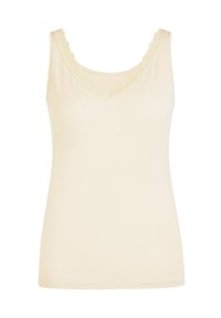 Cream-colored tank top made from soft fabric, featuring a V-neckline with lace trim. Smooth texture, sleeveless design, and regular fit.