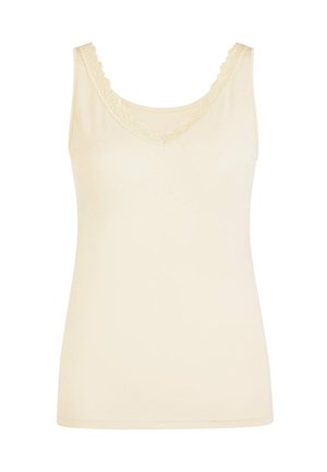 Cremfarbener Tank-Top aus weichem Stoff, mit einem V-Ausschnitt und Spitzenbesatz. Glatte Textur, ärmelloses Design und normale Passform.