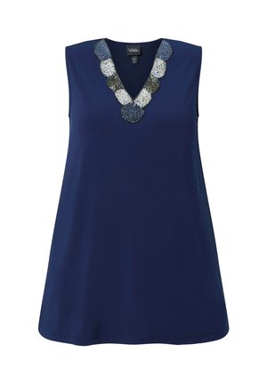 Blusa senza maniche color navy con scollo a V decorata con perline tonde blu, bianche e nere.