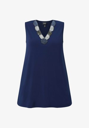 Blusa senza maniche color navy con scollo a V decorata con perline tonde blu, bianche e nere.